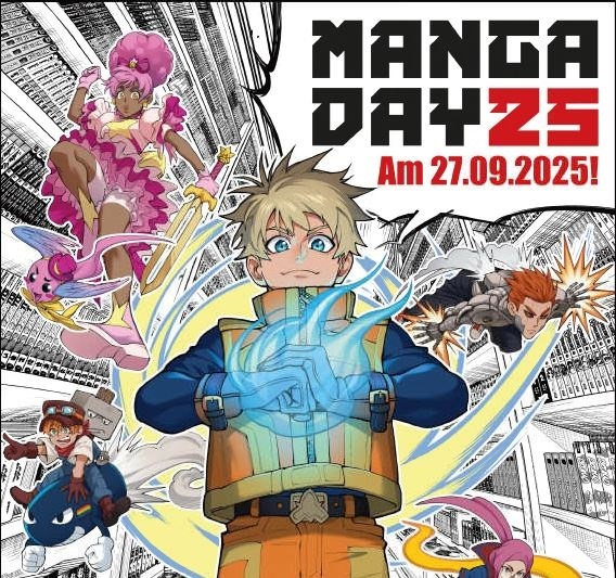 مانغاداي 2025 إعلان يوم المانجا 25 ليوم 27 سبتمبر 2025 مع العديد من شخصيات المانجا في أوضاع ديناميكية أمام خلفية حضرية