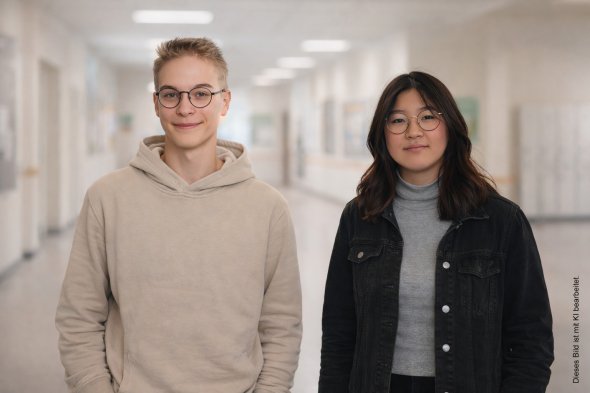 Hanna and Justus are standing in a light-coloured hallway, Simon is wearing a light-coloured hoodie, Hanna a dark denim jacket over a turtleneck jumper.