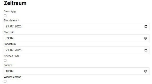 Calendar input fields for period with start date 21/07/2025, start time 09:09, end date 21/07/2025, end time 10:09, options for all-day, open end and recurring