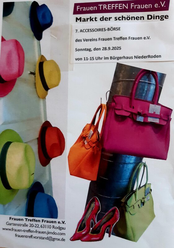Poster Plakat für 'Markt der schönen Dinge' am 28.9.2025 von Frauen TREFFEN Frauen e.V. mit bunten Hüten, Handtaschen und roten Schuhen