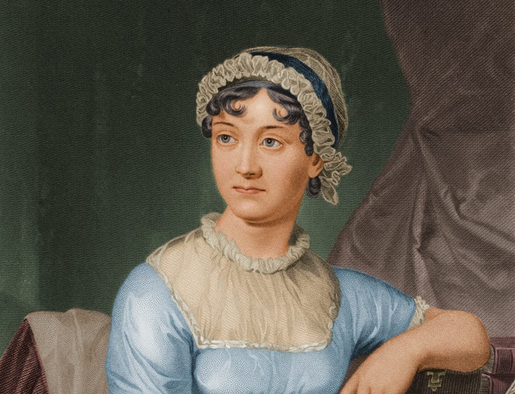 Painting Jane Austen sits in a blue dress with a white lace bonnet and lace collar, one hand resting on a piece of furniture