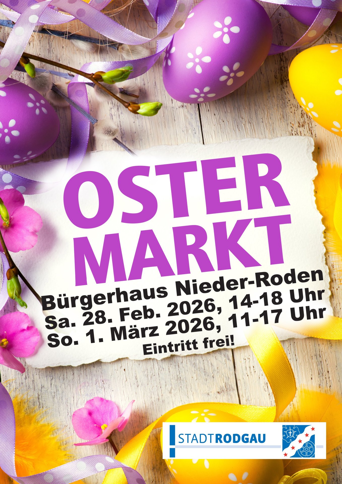 Easter market 2026 Advertising for the 2026 Easter market in the Nieder-Roden community centre, yellow and purple eggs