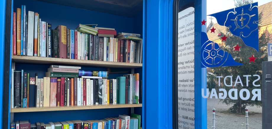 Blue bookcase with several filled shelves, in the background glass with the inscription 'STADT RODGAU' and logo of the city administration.