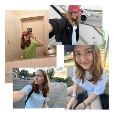 Sofiia Babii A collage of four selfies of a young woman with medium-length brown hair, wearing different outfits and photographed in various locations