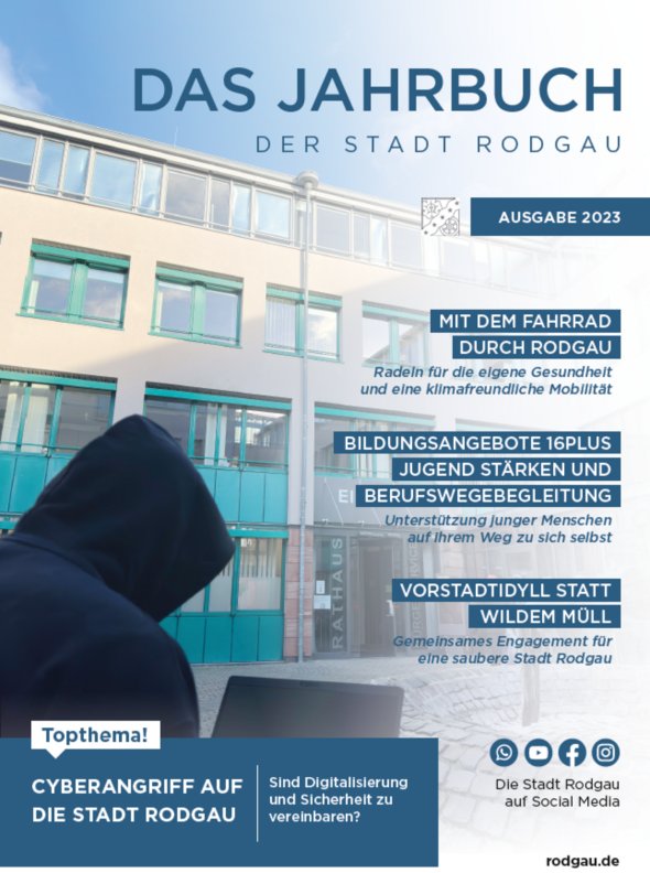 Yearbook 2023 Cover page of the 2023 yearbook of the city of Rodgau with topics on cycling, education, urban development and cyber attacks