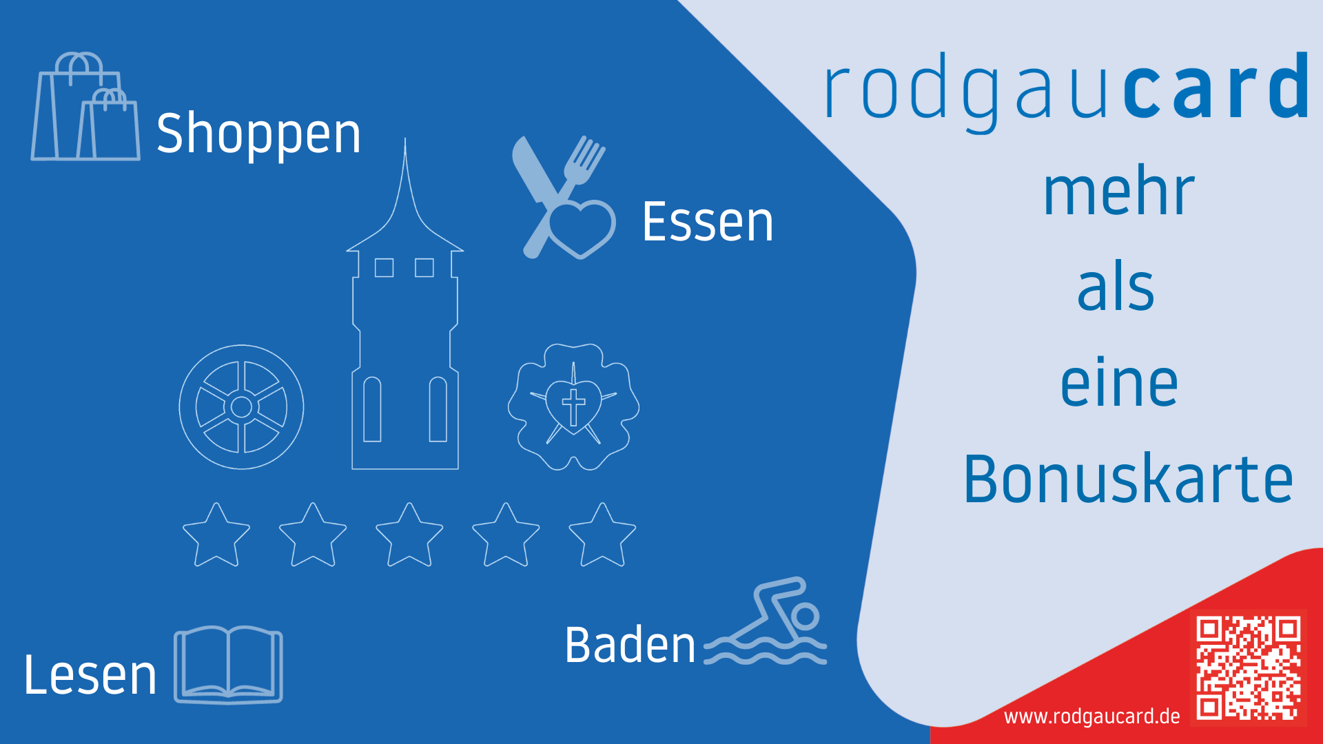 rodgaucard bonus card with symbols for shopping, eating, reading and swimming, five stars and QR code, text "more than a bonus card"