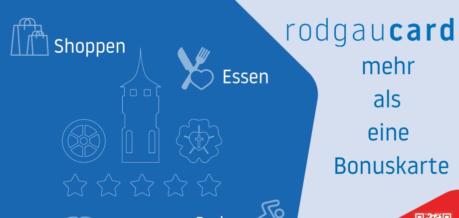 rodgaucard bonus card with symbols for shopping, eating, reading and swimming, five stars and QR code, text "more than a bonus card"