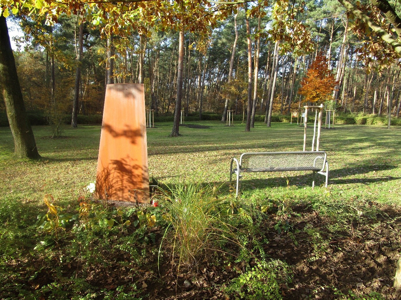 Tree burial ground The view is directed towards a lawn. On the left is a stele made of rusted steel, on the right a bench. Pine trees can be seen in the background.