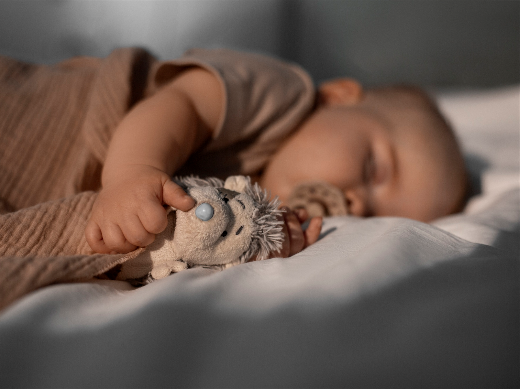 Bebé dormido tumbado sobre edredón blanco y sosteniendo peluche de tela gris y nariz azul