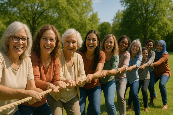 Un grupo de mujeres tira de una cuerda. Están de pie en fila en un prado, sonriendo, llevando diferentes tops de colores suaves y luciendo distintos peinados.