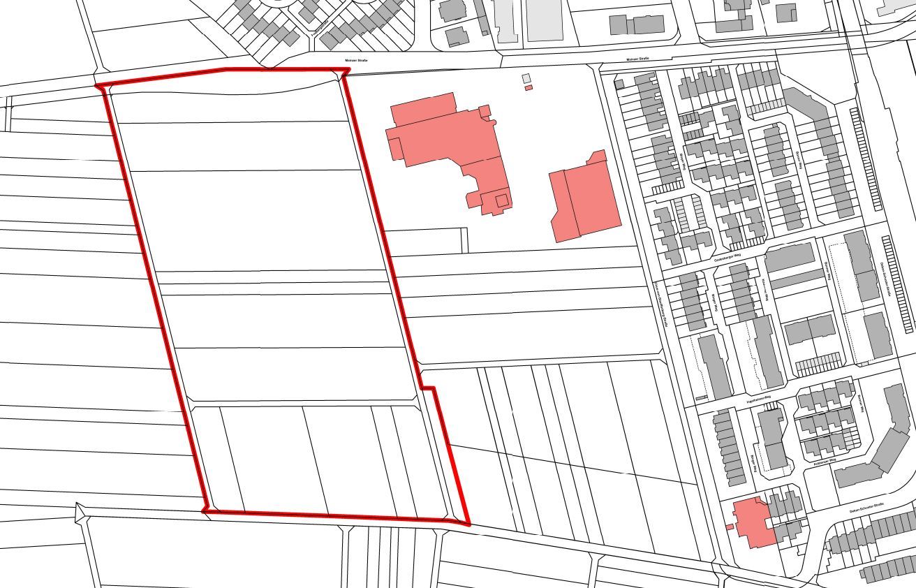 Sección del mapa de Dudenhofen con el área D24 delineada en rojo y varios edificios marcados en rojo junto a la zona residencial