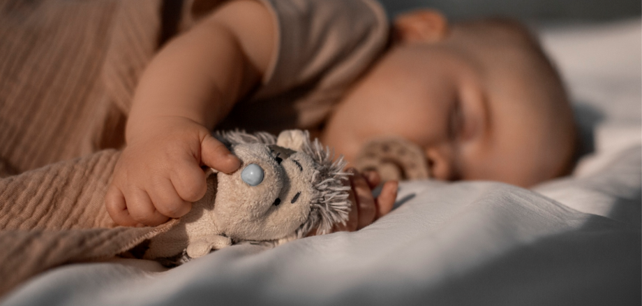 Bébé endormi sur une couette blanche tenant un doudou en tissu gris avec un nez bleu