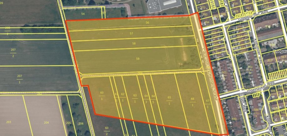 Vue aérienne d'une zone avec des limites de parcelles en jaune et une zone en rouge montrant le plan d'urbanisme D 32 à Dudenhofen