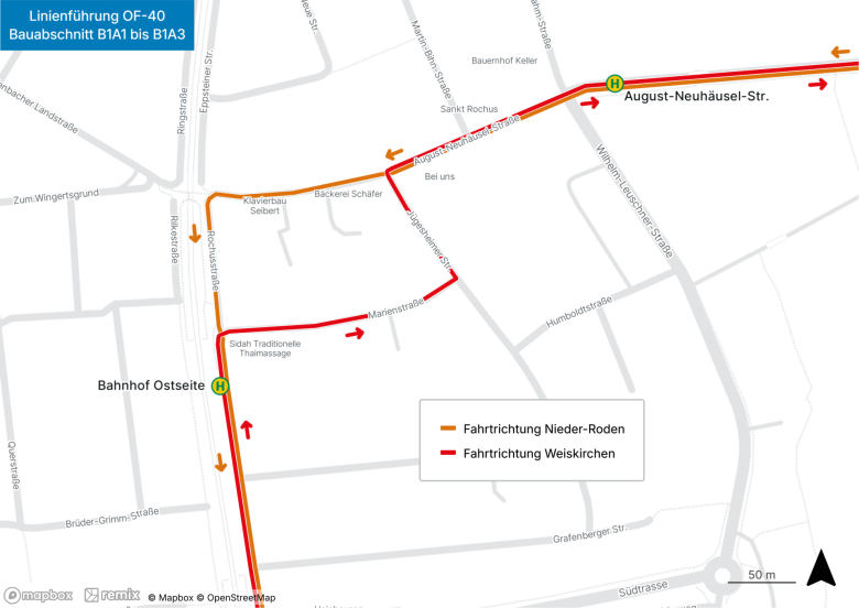 Extrait de carte indiquant les itinéraires de déviation de la ligne de bus OF 40 entre l'August-Neuhäusel-Straße et la gare (côté est), mis en évidence en orange et en rouge selon les sens de circulation