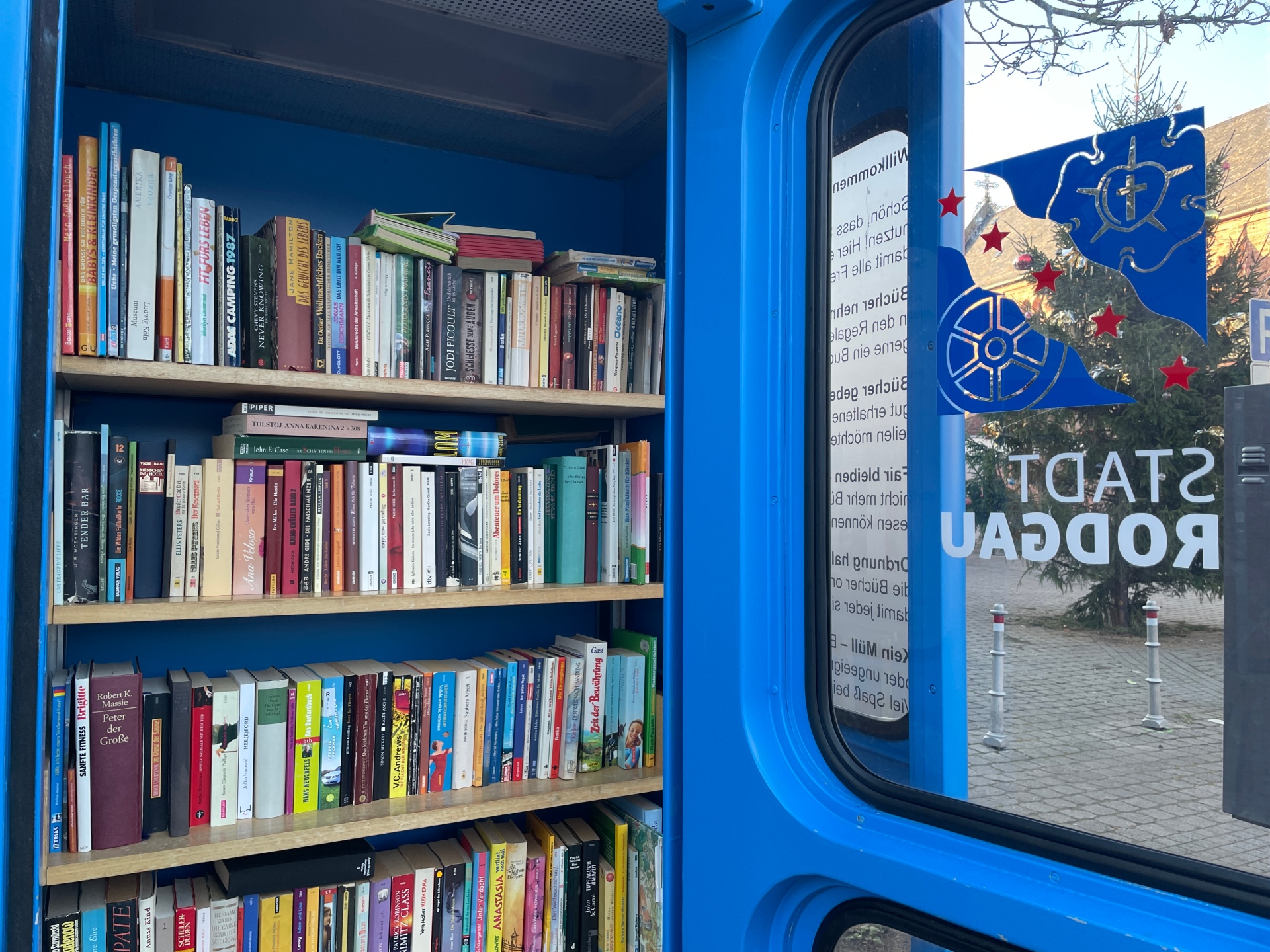 Libreria blu con diversi scaffali pieni, sullo sfondo un vetro con la scritta "STADT RODGAU" e il logo dell'amministrazione comunale.