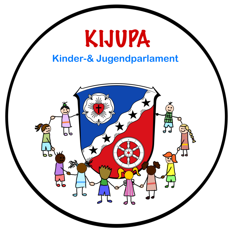 Le parole "KIJUPA" e "Kinder- & Jugendparlament" sono scritte in un cerchio, insieme allo stemma della città di Rodgau, attorno al quale stanno varie persone mano nella mano, dipinte in stile infantile.
