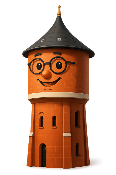 TOWNy, noul chatbot, este o imagine desenată simbolic a turnului de apă cu ochelari și o față zâmbitoare prietenoasă.