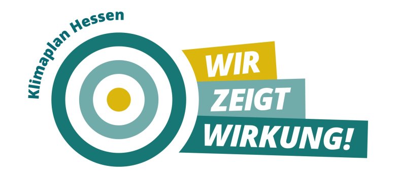 Логотип с концентрическими кругами, надписью "Klimaplan Hessen" и словами "WIR ZEIGT WIRKUNG!" в цветных прямоугольниках