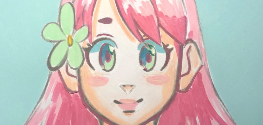 Illustration eines Mädchens mit pinken Haaren und einer grünen Blume im Haar. Sie trägt ein gelbes Oberteil und einen grünen Kragen. Oben steht der Text 'Mein Manga'.