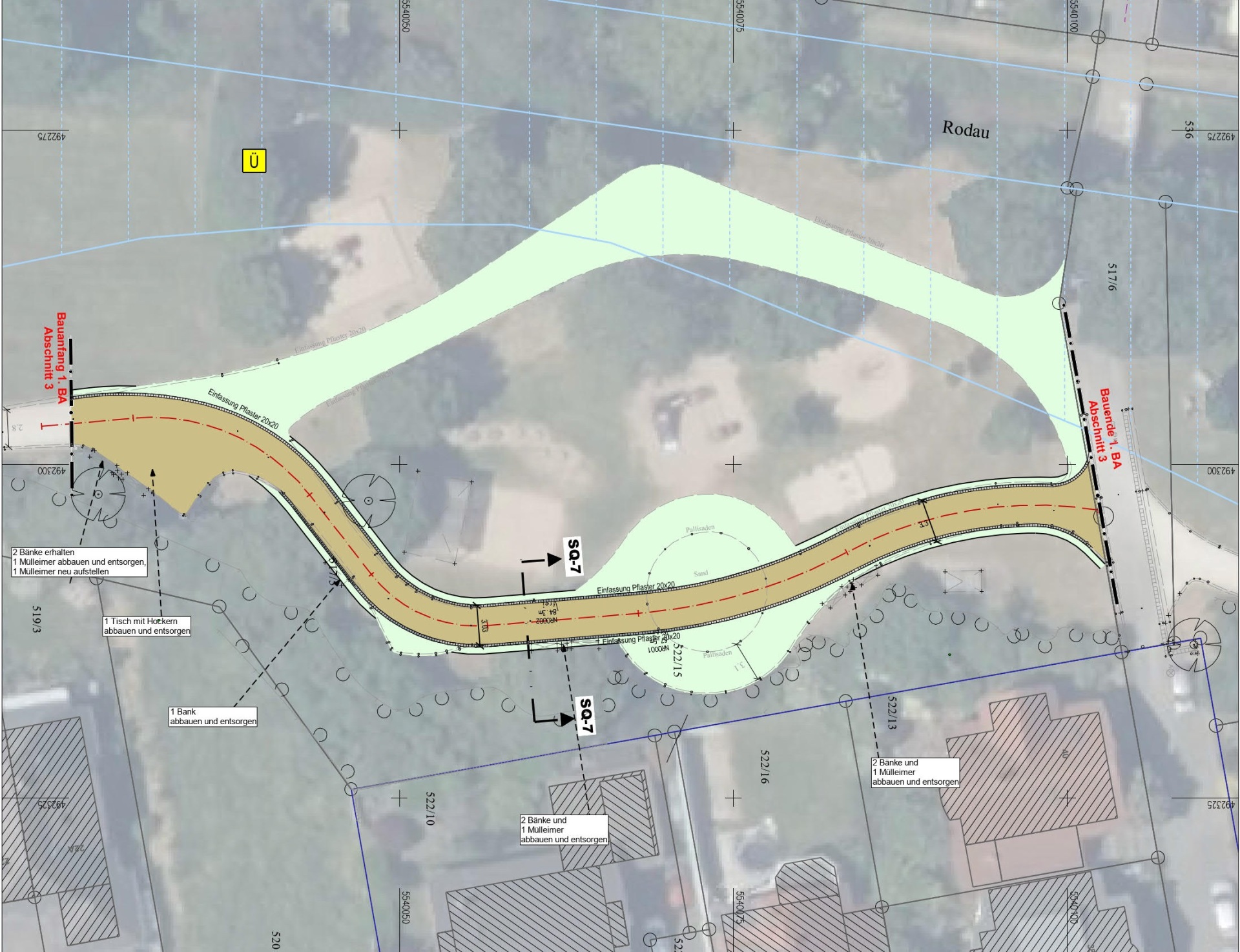 Auf eine Luftaufnahme des Lutherparks mit Fokus auf den Spielplatzbereich ist die Skizze des neuen Weges schematisch gelegt.