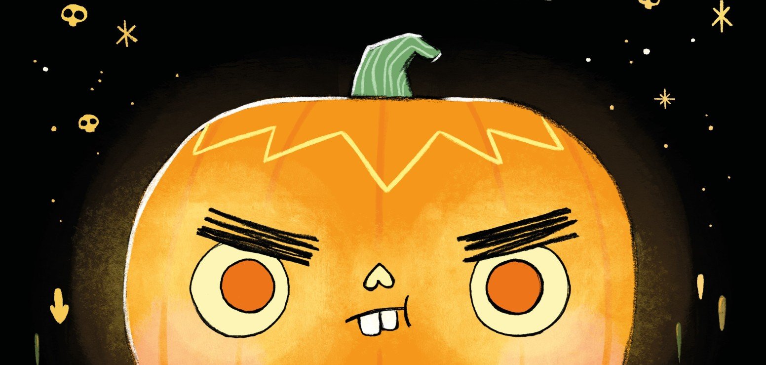 Der gezeichnete orangene Rufus in Kürbisform  schaut sauer drein vor einem schwarzen Hintergrund.