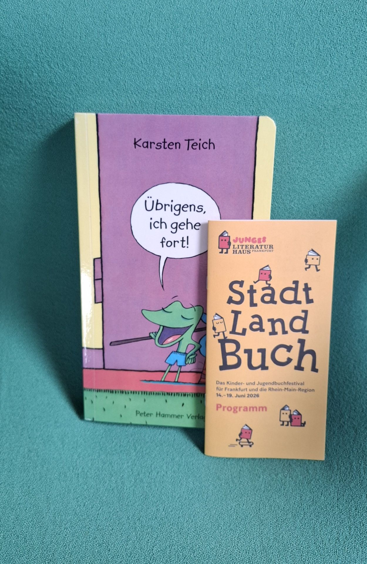 Ein Kinderbuch mit lila Umschlag und einer Sprechblase mit dem Text 'Übrigens, ich gehe fort' neben einem Programmheft zum Kinder- und Jugendbuchfestival 'Stadt Land Buch'