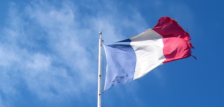 Französische Flagge in den Farben Blau, Weiß und Rot, weht an einem hohen Mast auf einem historischen Gebäude mit Steinmauerwerk.