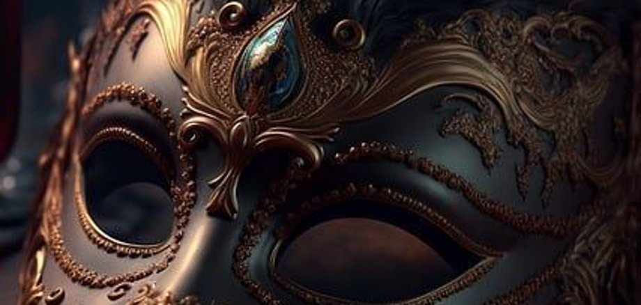Schwarze Maske mit goldenen Verzierungen und einem blauen Edelstein, auf einem Tisch mit Kerzen und goldenen Münzen.