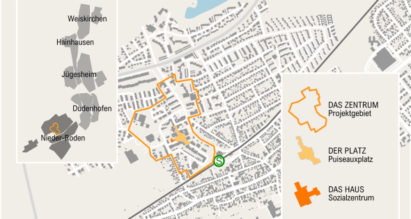 Karte von Nieder-Roden mit hervorgehobenem Projektgebiet, Pusieauxplatz und Sozialzentrum im Stadtteilzentrum