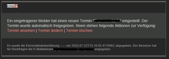 Benachrichtigung über neuen Termin mit Optionen zum Ansehen, Ändern oder Löschen, inklusive Zeitstempel und Hinweis auf Einverständniserklärung