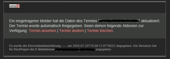 Benachrichtigung über Aktualisierung eines Termins mit Optionen zum Ansehen, Ändern oder Löschen des Termins und Hinweis auf abgegebene Einverständniserklärung bis 2025-07-22.