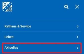 Menü mit den Punkten Rathaus & Service, Leben und hervorgehoben Aktuelles