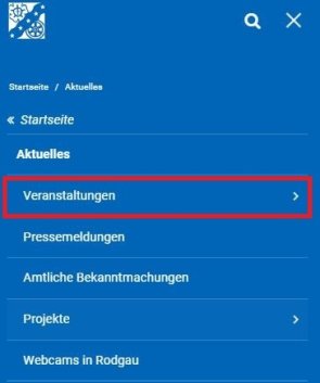 Website-Menü mit hervorgehobener Option 'Veranstaltungen' unter 'Aktuelles' auf der Startseite