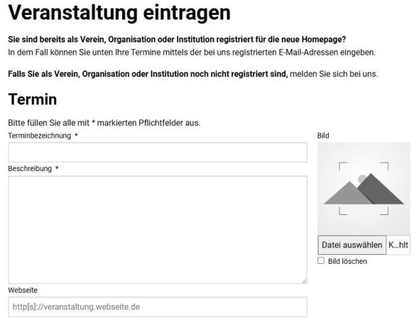 Formular zur Veranstaltungseintragung mit Pflichtfeldern für Terminbezeichnung, Beschreibung und Website, inklusive Bild-Upload