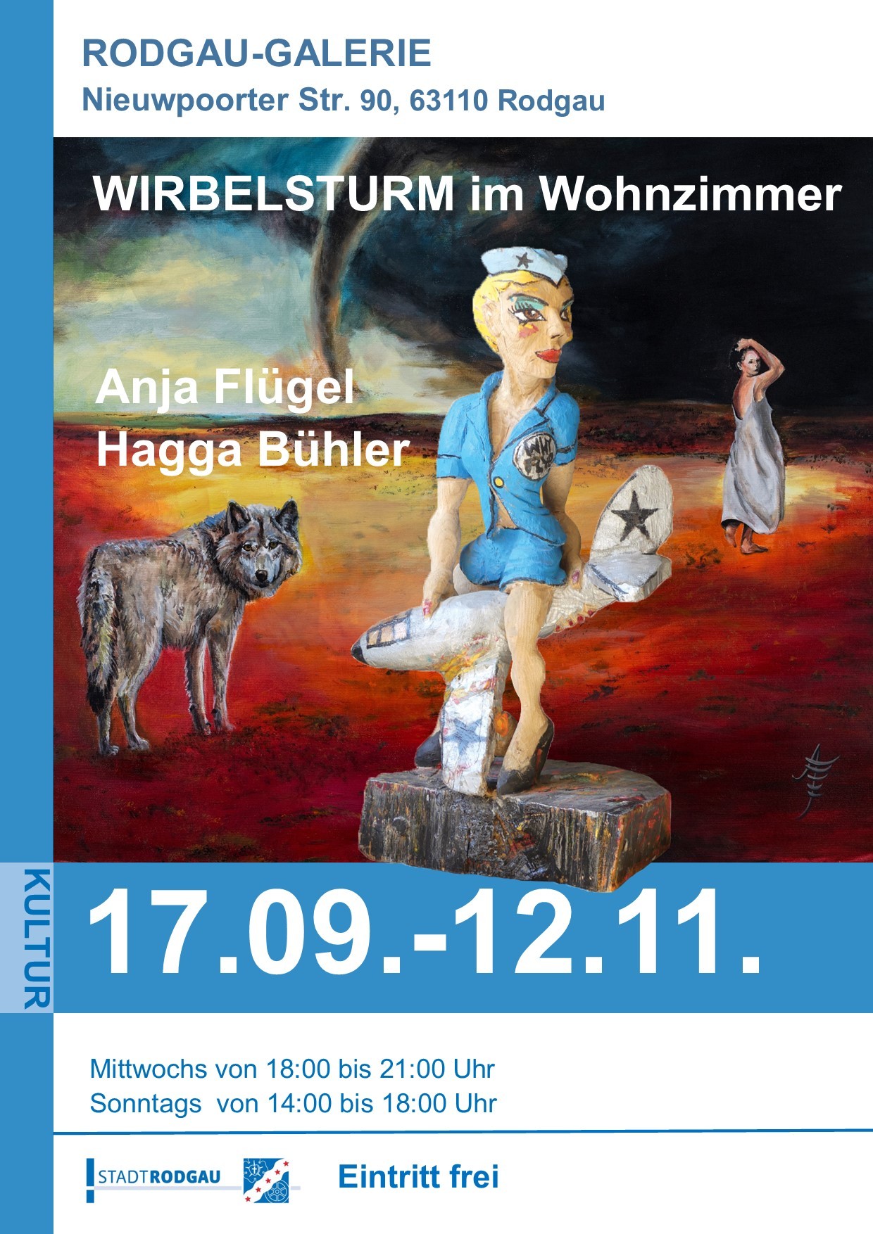 Plakat für Ausstellung 'WIRBELSTURM im Wohnzimmer' mit Skulptur einer Frau in blauem Kleid, Wolf und Wirbelsturm im Hintergrund, Rodgau-Galerie, 17.09.-12.11.