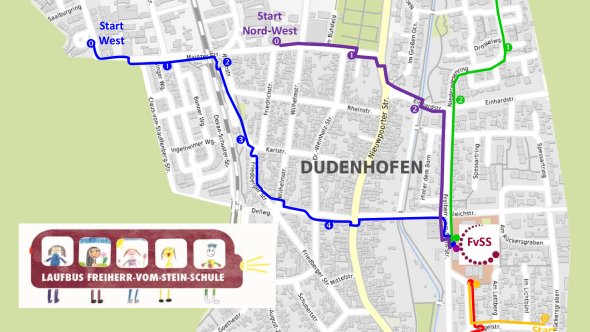 Schulwegplan für Dudenhofen mit markierten Startpunkten West und Nord-West, blauen und violetten Routen zum Freiherr-vom-Stein-Schule, Laufbus-Illustration mit Kindern