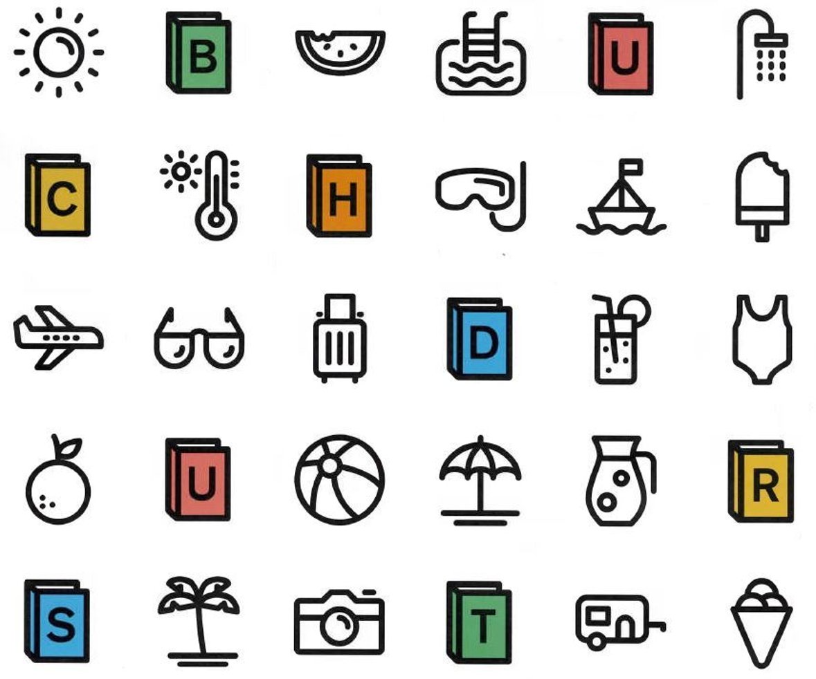 Sommerleseclub "Buchdurst" Bunte, einfache Piktogramme zu Sommer- und Urlaubsaktivitäten wie Sonne, Buch, Wassermelone, Schwimmbad, Eis, Flugzeug, Sonnenbrille, Koffer, Cocktail, Badeanzug, Palme, Kamera, Strandball, Sonnenschirm und Wohnwagen.
