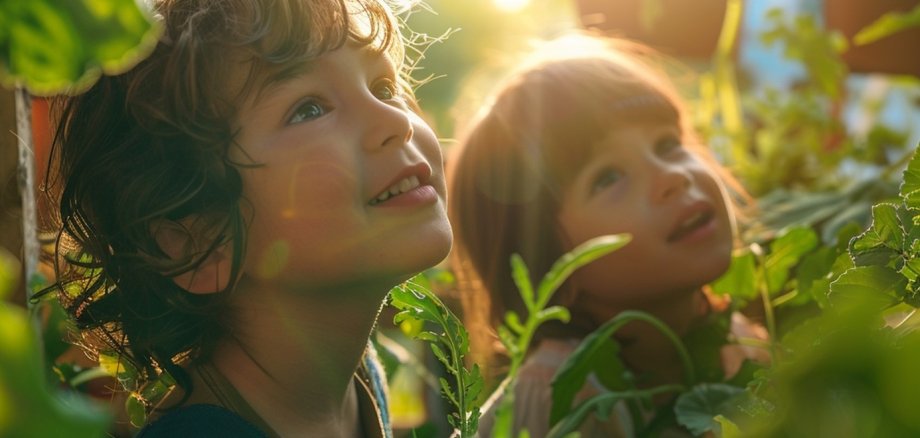 Zwei Kinder im Garten Zwei Kinder stehen in einem Garten mit vielen grünen Pflanzen im Sonnenlicht