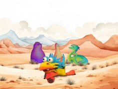 Bunte, fantasievolle Figuren mit großen Augen und verschiedenen Formen stehen in einer kargen Wüstenlandschaft mit Bergen im Hintergrund.