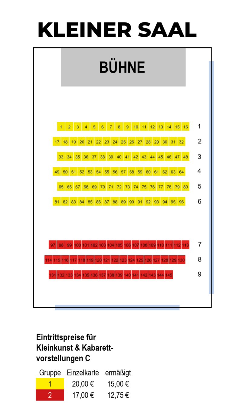 Sitzplätze und Preiskategorien großer Saal Auf dem Bild sind in Sitzplätze und Preiskategorien des kleinen Saals in gelb und rot dargestellt. Für Informationen dazu schreiben Sie an kultur@rodgau.de