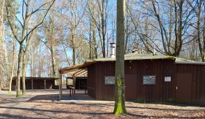 Rechts ist das Bewirtschaftungsgebäude der Waldfreizeitanlage Hainhausen zu sehen, im Hintergrund sind der überdachte Sitzbereich und Vorplatz sowie Bäume des Waldes.