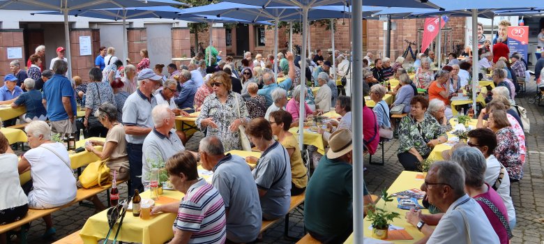 Viele ältere Menschen bei einer Veranstaltung Viele ältere Menschen sitzen unter blauen Sonnenschirmen an langen Holztischen mit gelben Tischdecken bei einer Veranstaltung im Freien