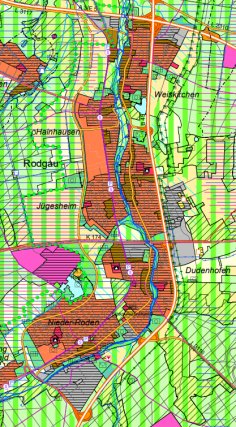 Die schematische Darstellung des Flächennutzungsplans zeigt in verschiedenen Farben markierte Bereiche von Rodgau.