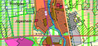 Karte der Flächennutzungsplans Die schematische Darstellung des Flächennutzungsplans zeigt in verschiedenen Farben markierte Bereiche von Rodgau.