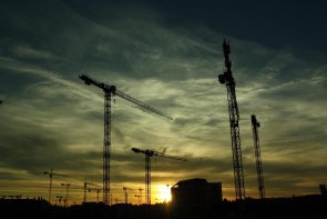 Kräne Aufnahme mit mehreren Kränen beim Sonnenaufgang