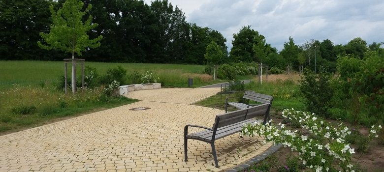 Amberpark Im Vordergrund sind zwei hell geplasterte kleine Verweilbereiche mit Beton-Sitzgelegenheiten und zwei Bänken und Blumenrabatten. Im Hintergrund ist ein Feld und Bäume.