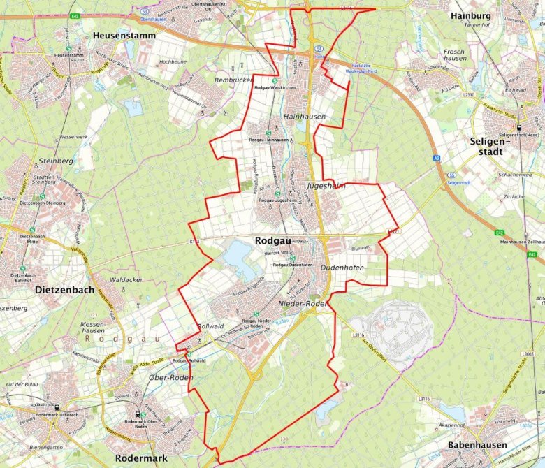 Karte des Rodgau-Rundweg (Quelle: TopPlusOpen Bundesamt für Kartographie) Karte des Rodgau-Rundwegs mit roter Wegführung, die die Stadt Rodgau mit Stadtteile wie Weiskirchen, Hainhausen, Jügesheim, Dudenhofen, Nieder-Roden und Rollwald umfasst.