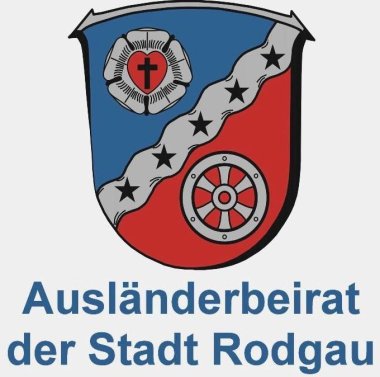 Wappen mit Lutherrose, Rad und fünf Sternen, Logo des Ausländerbeirats der Stadt Rodgau