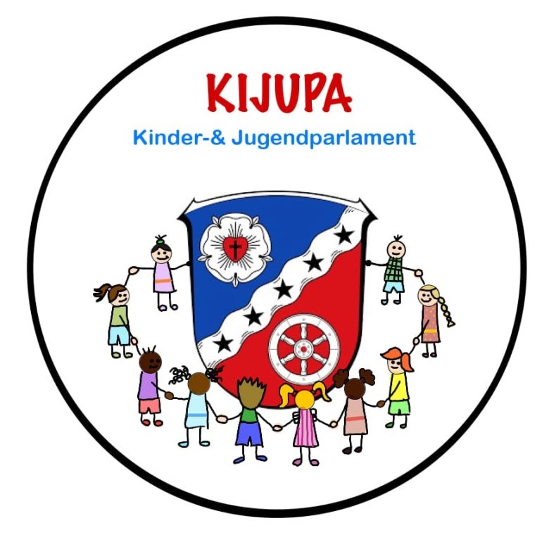 Logo des Kinder- & Jugendparlaments In einem Kreis steht "KIJUPA" und "Kinder- & Jugendparlament" sowie das Wappen der Stadt Rodgau um das im Kinderstil gemalte verschiedene Menschen Hand in Hand stehen.