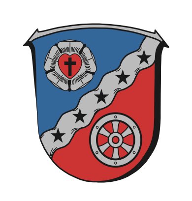 Wappen Rodgau Wappen der Stadt Rodgau mit Lutherrose auf blauem Hintergrund, Rad auf rotem Hintergrund und fünf Sternen.